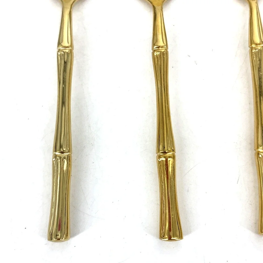 Vintage Brass Spoons Bamboo Style Handles‎ 6 Table Spoons Gold Tone *NEVER USED*